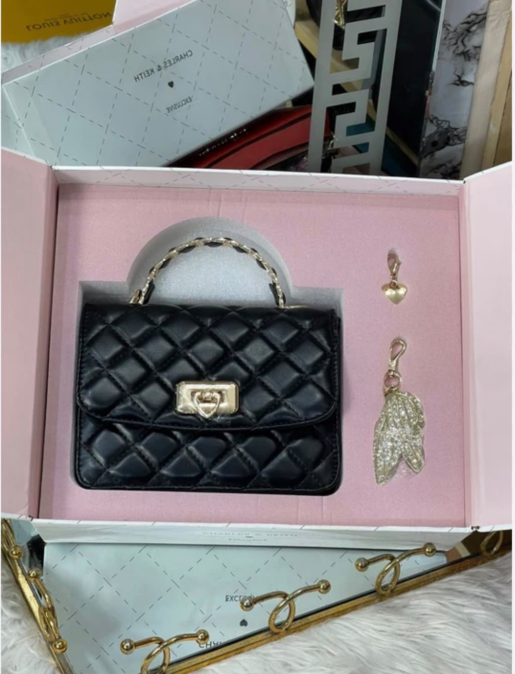 Cressida Quilted Top Handle Bag With Bag Charms – Black
