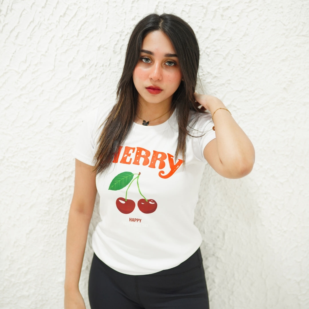 CHERRY WHITE-PRINTED TSHIRT