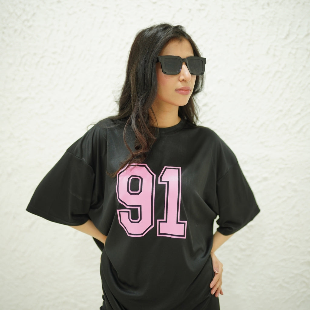 91 BLACK- PRINTED DROP SHOULDER