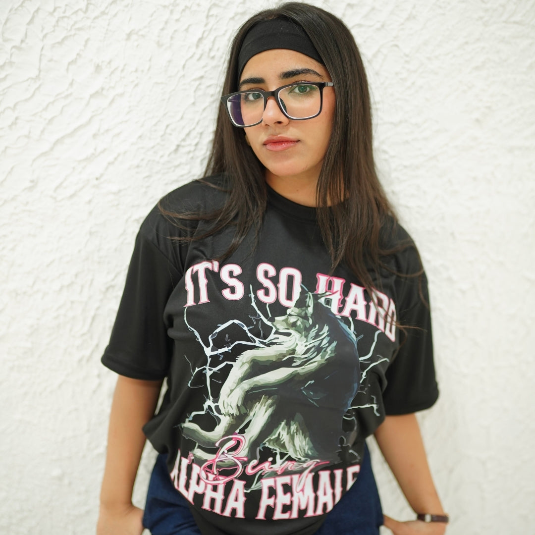 BEING ALPHA FEMALE BLACK- PRINTED DROP SHOULDER