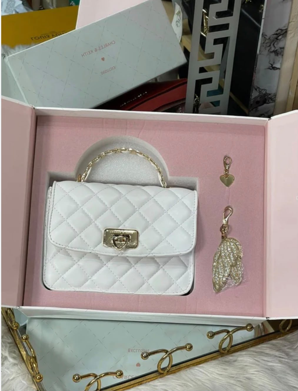 Cressida Quilted Top Handle Bag With Bag Charms – White