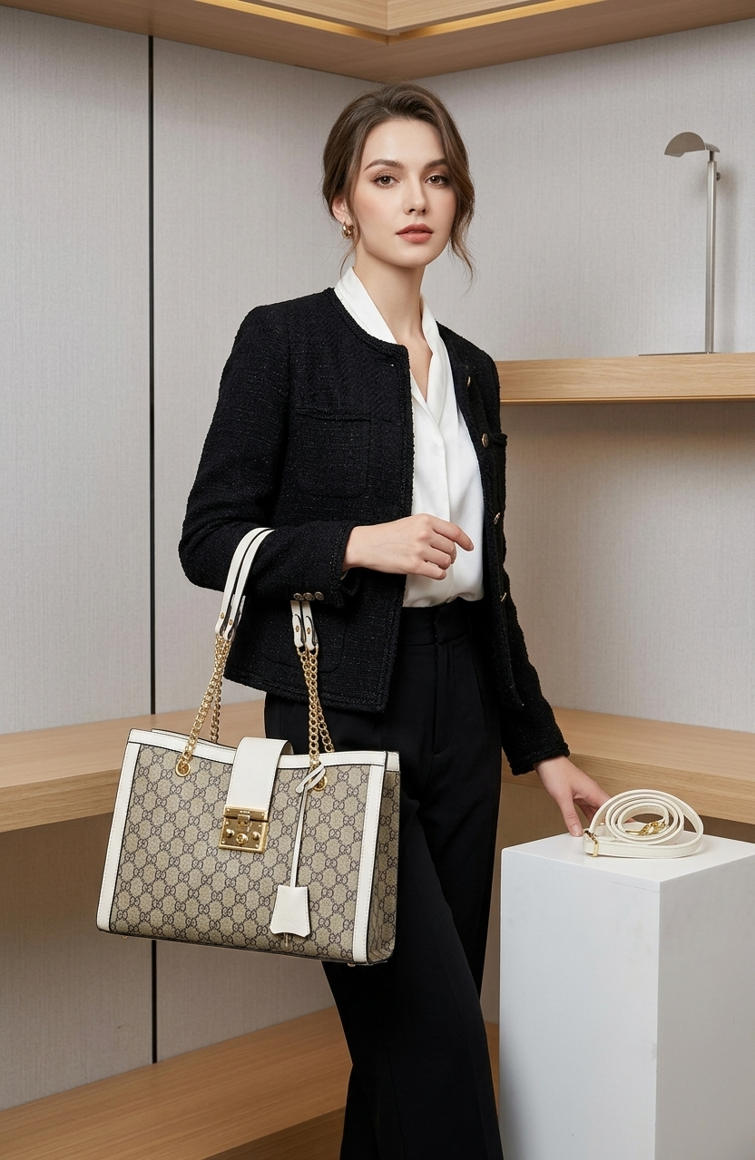 Gucci - Monogram Canvas Structured Tote – Off-White Trim - White Strip