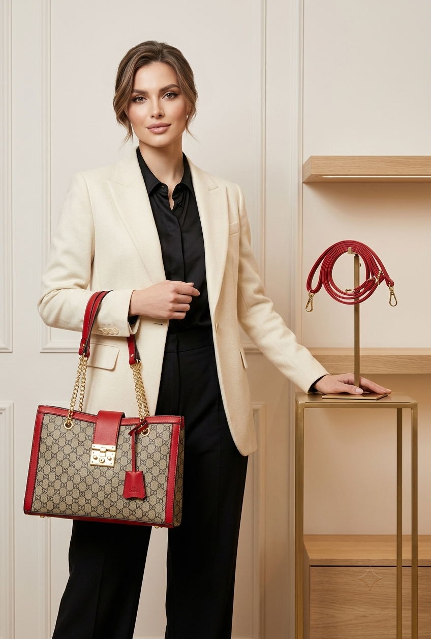 Gucci - Canvas Tote Bag With Chain Strap Beige Red Strip