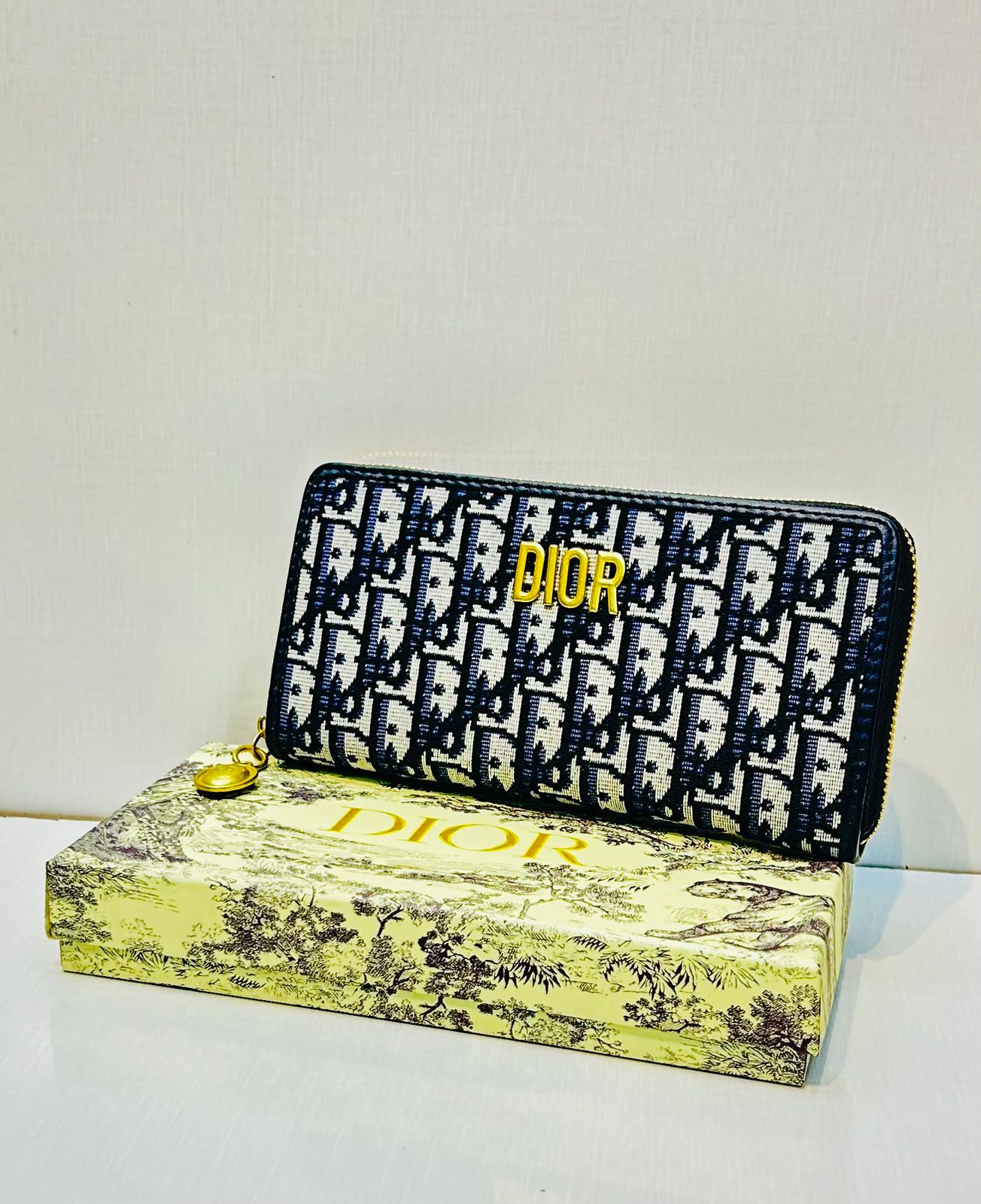 Dior - Oblique Zip Around Wallet Navy Blue & Beige