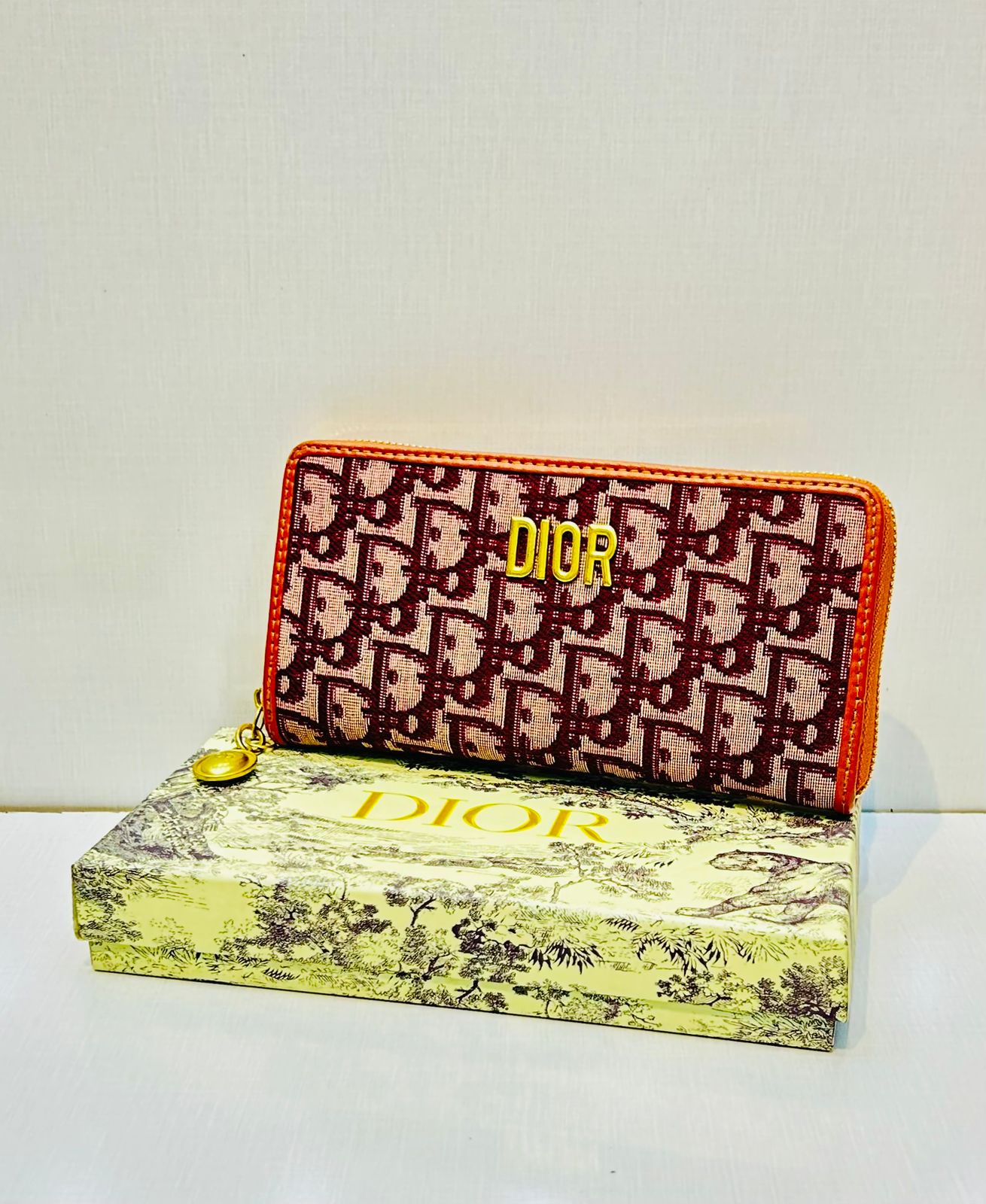 Dior - Oblique Zip Around Wallet Orange Red & Beige