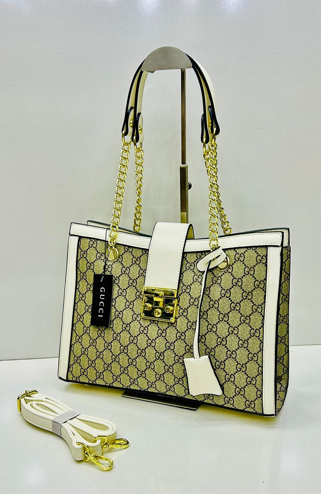 Gucci - Monogram Canvas Structured Tote – Off-White Trim - White Strip