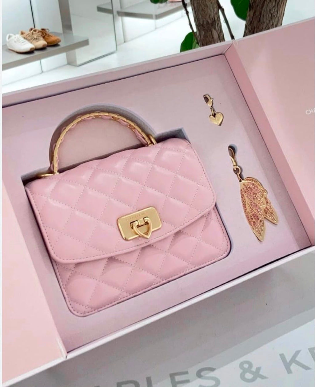 Cressida Quilted Top Handle Bag With Bag Charms – Rose Pink