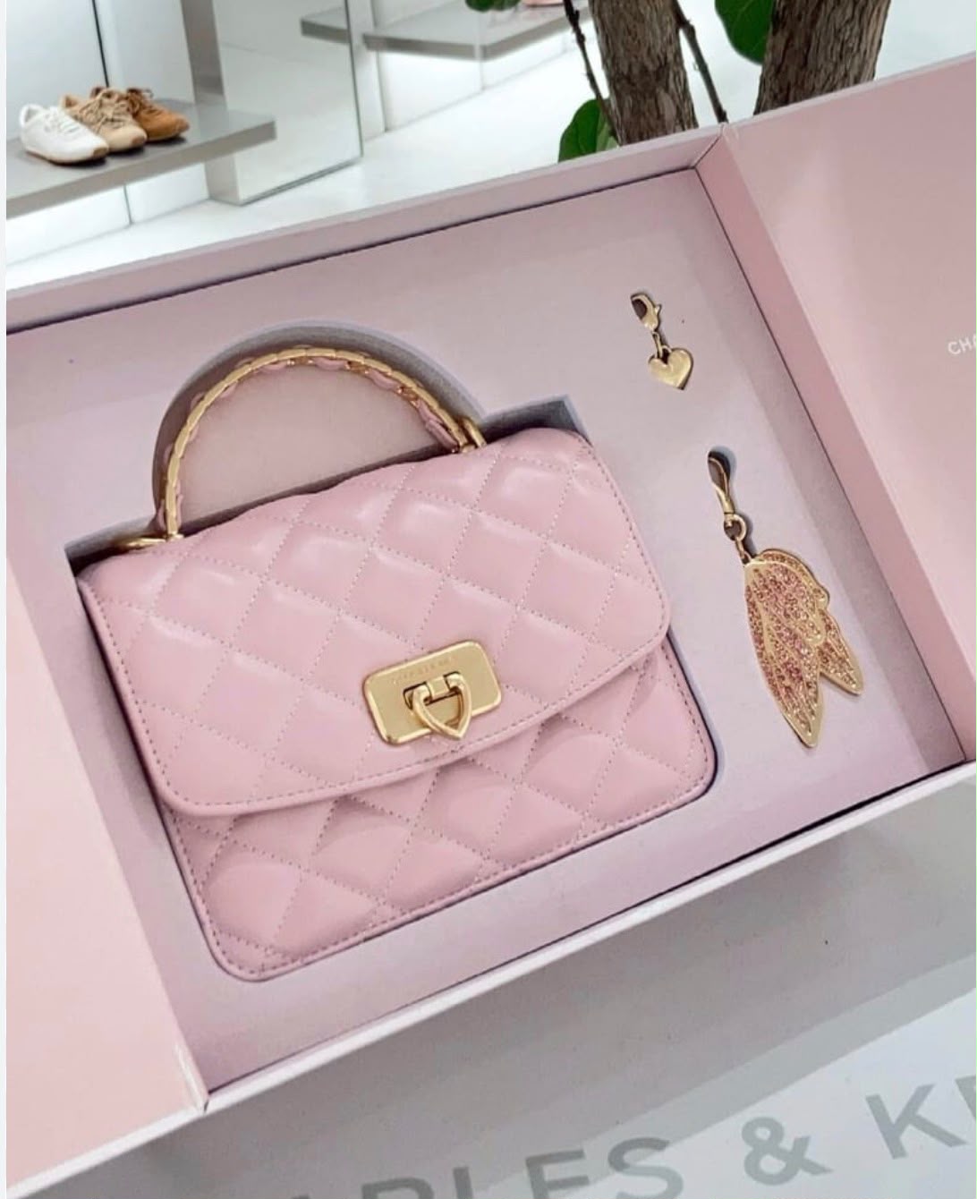 Cressida Quilted Top Handle Bag With Bag Charms – Rose Pink