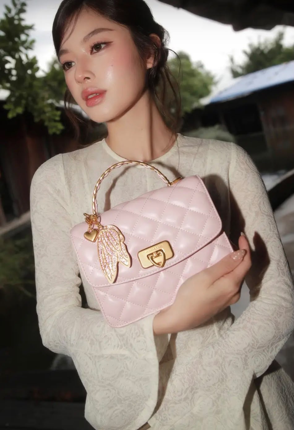 Cressida Quilted Top Handle Bag With Bag Charms – Rose Pink